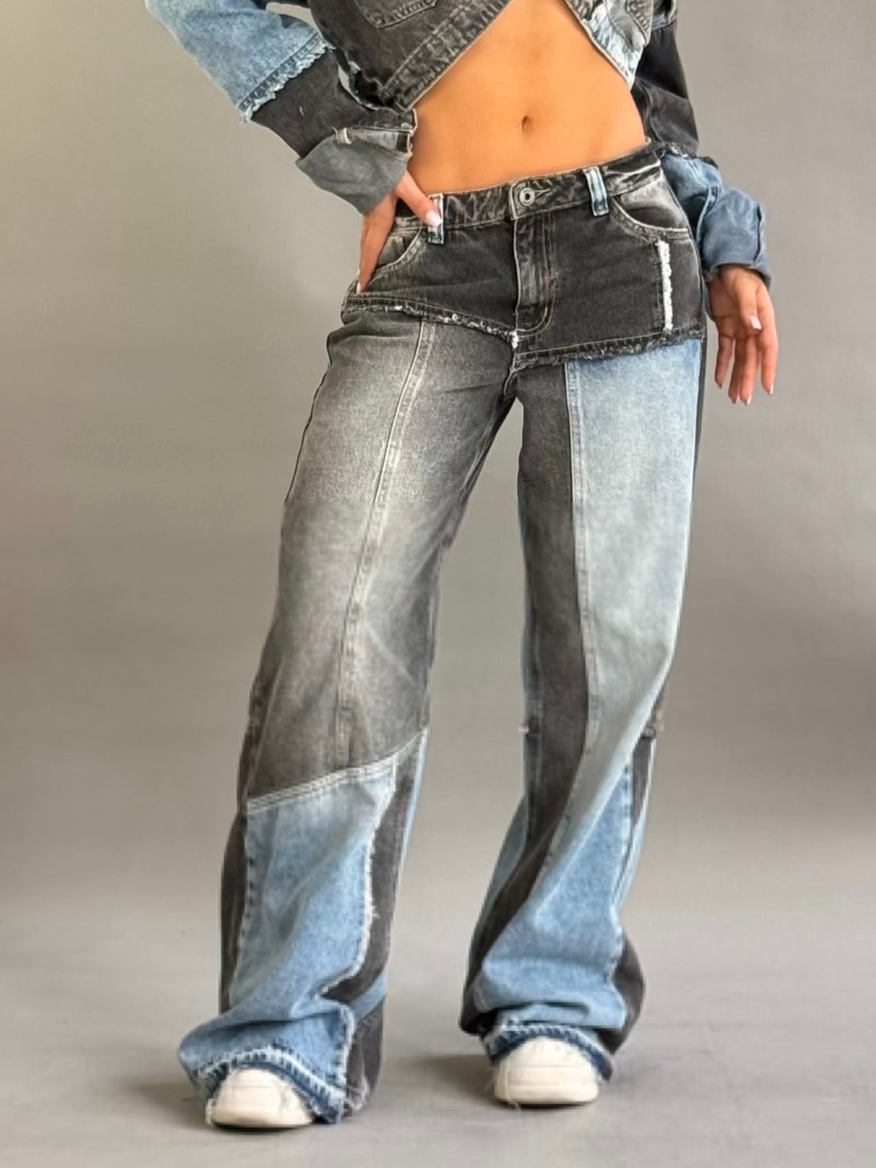 JEAN WIDE LEG BICOLOR AZUL/NEGRO